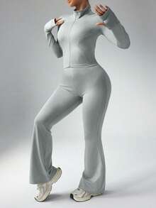 SHEIN Rhythm Era 女式加大码休闲拉链夹克（带拇指孔）和高腰喇叭裤两件套 - 灰色 - 查看 5