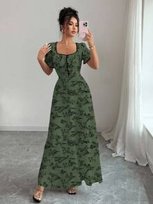 Elenzga 女士复古优雅印花A字型方领长裙，适合休闲、度假、日常穿着和聚会，春夏款 - 軍綠色 - 查看 6