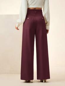 Anewsta 女士纯色褶裥阔腿裤，休闲宽松高腰百搭办公服饰 - 紅木色 - 查看 2