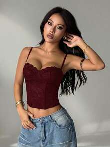SHEIN PETITE 性感蕾丝透视吊带背心，派对装扮，约会装，通勤装，可爱抹胸，性感夜店上衣，束身胸衣，无肩带上衣，外出上衣，夏季上衣，可爱上衣，女士夏季穿搭，蕾丝上衣，束身胸衣，秋冬打底衫 - 中紫紅色 - 查看 3