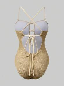 Swim Oasis Women's Leaf Print One-Piece Swimsuit And Skirt Set, Suitable For Beach Vacation, Pool Party, Beach Party, Spring/Summer - Khaki - View 6