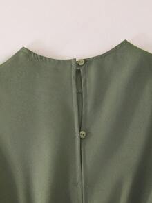 SHEIN 少女休闲时尚立领荷叶边腰带A字连衣裙 - 軍綠色 - 查看 7