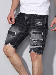 Manfinity LEGND Pantalones cortos vaqueros de hombre con parches desgastados, estilo slim fit de calle - Negro - Ver 7