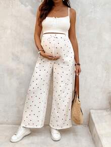 SHEIN 可调节腰围心形图案休闲孕妇裤 - 白色 - 查看 6