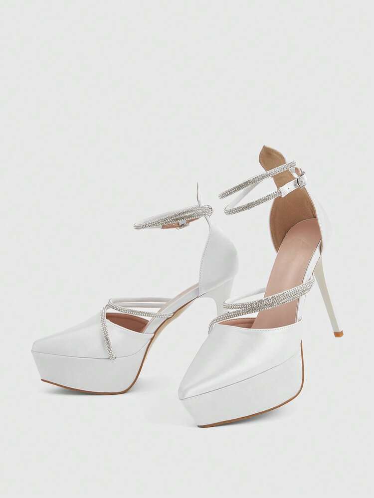 CUCCOO LuxiPop Spring/Summer New Fashion Rhinestone Strap Criss-Cross Design Pointed Toe High Heel Waterproof Platform Stilettos, Elegant Sexy Satin Material Women's Peep Toe Dress Shoes, Suitable For Date, Afternoon Tea, Party, Valentine's Day, Vacation, Travel, 2000s Style