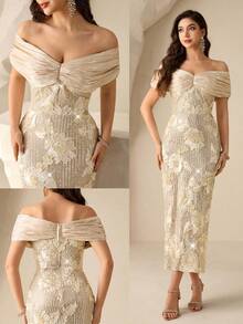 Coutiva 优雅的花卉亮片露肩露背直筒下摆正式晚礼服，适合生日派对、毕业典礼、婚礼宾客和返校派对。 - 杏色 - 查看 3