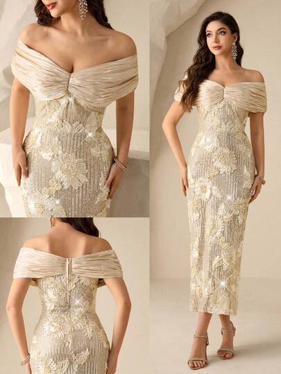 Coutiva Elegant Floral Sequined Off-The-Shoulder, Backless, Straight-Hem Formal Evening Gown, Suitable For Birthday Parties, Graduation Ceremonies, Wedding Guests, And Back-To-School Parties. Off Shoulder Formal Dress Champagne Evening Gown Champagne Dress Luxury Dresses Elegant Dress Women's Sequin Mermaid Formal Evening Gown One Shoulder Formal Dress Purple Women Evening Dress Gowns Glamorous Dress Dress Elegant Gala Dress Elegant Valentines Dress Elegant Dress Sequin Dress Pink Red Dress Floral Dress Valentines Dress Elegant Dress Sequin Dress Floral Dress Luxury Graduation Ceremony, School Opening, Music Festival, Birthday Party, Wedding, Afternoon Tea Gathering, Ball Champagne Elegant Dress Gold Elegant Dress Women Sequin Formal Dress