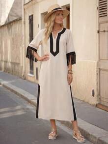 EMERY ROSE 女士度假休闲撞色流苏装饰中长连衣裙 - 彩色 - 查看 3