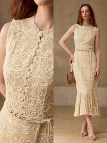 MOTF PREMIUM 时尚花卉优雅美人鱼下摆中长连衣裙 - 杏色 - 查看 1