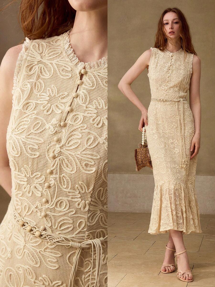 MOTF PREMIUM 时尚花卉优雅美人鱼下摆中长连衣裙 - 杏色 - 查看 1