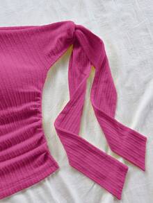 Soleia 度假风性感不对称肩带系带飘逸修身浅黄色上衣，适合派对、度假、音乐节、波西米亚风、假日约会、下午茶等场合。 - 玫紅色 - 查看 6