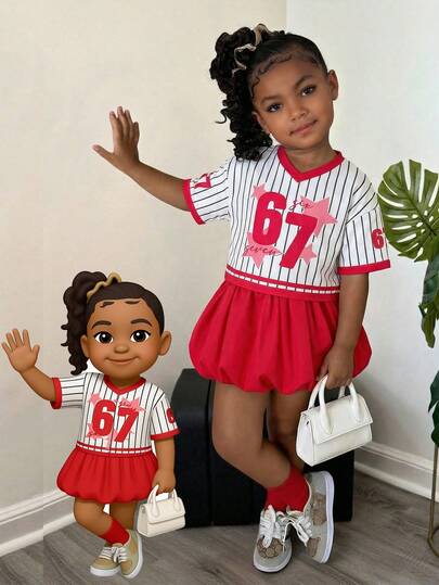 SHEIN 2pcs Set Young Girls Summer Ball Jersey & Number Print T-Shirt With Skirt, Casual Daily Fashion Versatile Outfit Girl 2 Piece Sets Kid 2 Piece Set Girl Matching Set Kids Clothes Girls Back To School 2 Piece Set Prom Dresses Vestidos Elegantes Para Fiesta Girls Casual Striped V Neck Baseball Inspired Shirt With Number 67 Print Cute Short Sleeve Top For Kids Young Girl Sports Casual Fashion Short Sleeve Top And Straight Leg Shorts Set
