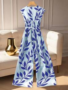 GlowEve CURVE Women's Summer Jumpsuit With Waist Cinching, Wide Leg Pants Set, Botanical Print Romper - Blue - View 2