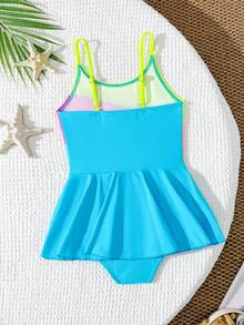 SHEIN Young Girl Patchwork Color Block One-Piece Swimsuit With Skirt,Neon Bright Colors Kids Swim Dress For Tweens,Summer Beach Holiday Bathing Suits - Multicolor - View 3