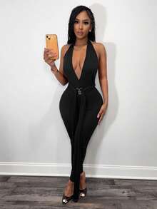 BamGleam 女士时尚性感深V领露背吊带连体裤 - 黑色 - 查看 1