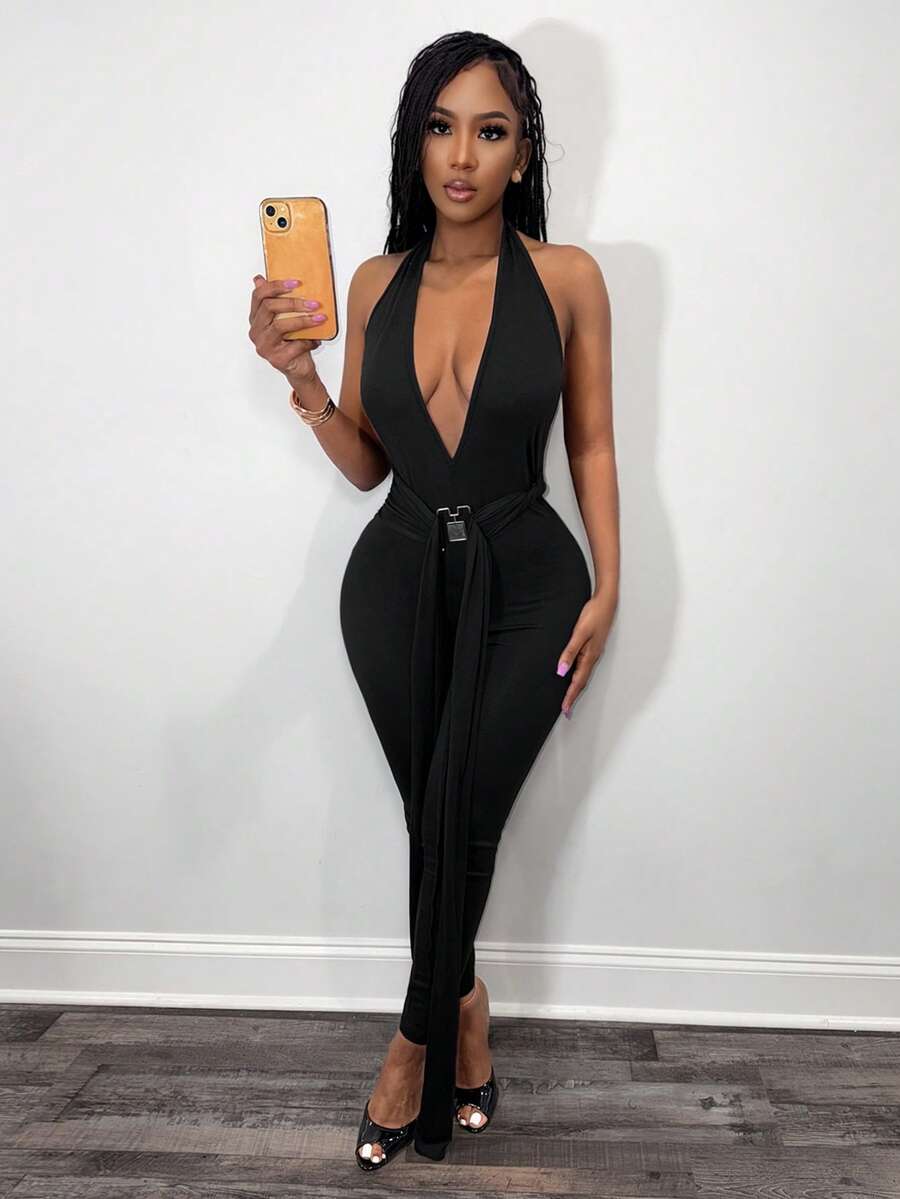 BamGleam 女士时尚性感深V领露背吊带连体裤 - 黑色 - 查看 1