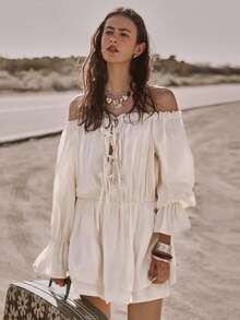 Easelle Bohemian Music Festival Off-Shoulder Ruffle A-Line Romantic Dress For Women - Apricot - View 2