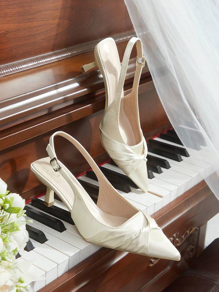 CUCCOO CHICEST Women's 25 Summer/Summer New Pointed Toe Stiletto Heel Mid-Heel Romantic Elegant Charming Minimalist Sexy Champagne Satin Ladies High Heel Dress Shoes, Suitable For Date, Afternoon Tea, Party, Valentine's Day, Elegant Outfit Wedding Shoes Summer Shoes Bride Shoes