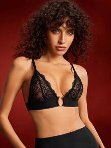 Sujetador elegante y refinado para damas con triángulo inalámbrico, anillo metálico, encaje brillante y parches románticos de estilo francés - Negro - Ver 4