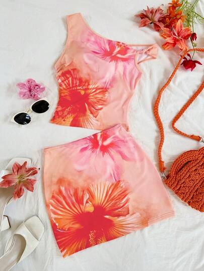 Franclia Women's New Orange Placement Print 2 Pieces Set, Asymmetric Top And Mini Skirt, Large Floral, Sweet & Sexy, Beach Vacation
