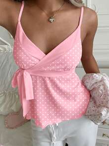 CovetEZ 女士波点扭结休闲百搭日常穿搭吊带背心 - 粉色 - 查看 6