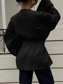 Siren Gaze 100%纯棉束腰金属扣长袖衬衫，柔软亲肤，适合工作和度假穿着，女士秋冬上衣，优雅女士衬衫，修身衬衫，返校季，喇叭袖，和服式衬衫 - 黑色 - 查看 2