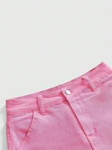 ROMWE Y2K 女士字母印花口袋纽扣休闲百搭约会外出牛仔迷你裙 - 粉色 - 查看 3