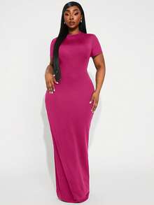 Radiana Plus Size Elegant Solid Color Slim Fit Dress, Summer Mint Green Short Sleeve Maxi Curvy Women Dresses Curve Bodycon Evening Party Date Night Light - Hot Pink - View 4
