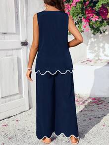 SHEIN Maternity Casual Sleeveless Top And Pants 2 Pieces Set - Navy Blue - View 2