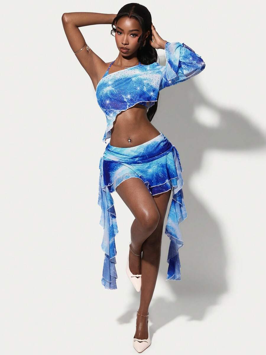 Amplova Women's Fashion Sexy Tie-Dye Print Rhinestone Asymmetric Super Short Halter Top & Mini Skirt 3-Piece Set - Blue - View 1