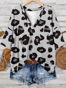 EMERY ROSE Plus Size Casual Leopard Print T-Shirt, Suitable For Summer - Grey - View 1