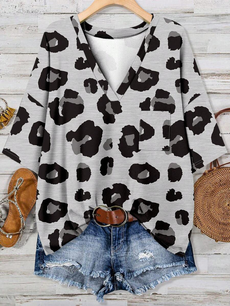 EMERY ROSE Plus Size Casual Leopard Print T-Shirt, Suitable For Summer - Grey - View 1