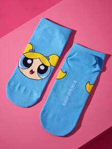 THE POWERPUFF GIRLS X SHEIN 3双装柔软透气吸湿休闲糖果色短袜，甜美图案，时尚可爱卡通粉色、蓝色和绿色女款短袜，加固趾部和脚跟，经久耐穿，四季皆宜，夏季和冬季百搭，印花图案，花朵、泡泡和毛茛 - 彩色 - 查看 10