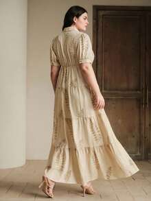 Anewsta 杏叶刺绣领花瓣袖女式连衣裙 - 杏色 - 查看 2