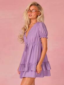 Athîral 女士纯色深V领扭结褶皱时尚约会派对迷你连衣裙 - 紫色 - 查看 3