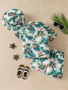 3件套幼儿男童热带植物印花短袖衬衫、短裤和帽子夏季休闲度假套装 - 彩色 - 查看 2
