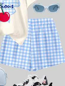 Bộ 2 món phong cách retro ngọt ngào dành cho bé gái, màu hồng kẻ caro họa tiết quả anh đào, áo thun tay ngắn cổ tròn dáng rộng và quần short, thích hợp mặc hàng ngày, đi chơi, du lịch, đến trường vào mùa xuân/hè. - Nhiều màu - Xem 5