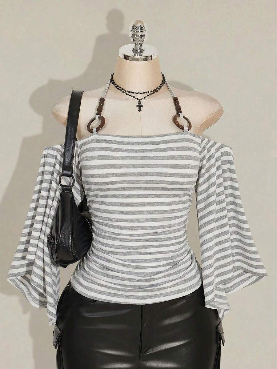 SHEIN ICON 大码女式 Y2K 复古条纹露肩喇叭袖吊带时尚 T 恤，前卫街头风，休闲喇叭袖露肩条纹针织上衣 - 彩色 - 查看 1