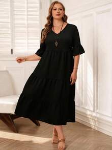 Rosumi Đầm dài tay cổ chữ V khoét sâu viền nhiều tầng màu vàng dành cho nữ cho mùa hè - màu đen - Xem 1