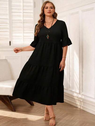 EMERY ROSE Plus Size Women's Deep V-Neck Ruffle Sleeve Multi-Tiered Hem Long Yellow Dress For Summer