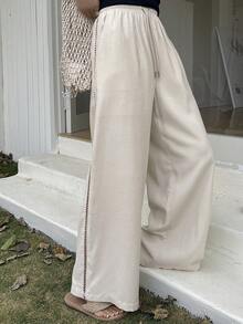 DAZY Women's Solid Color Patchwork Hollow Floral Lace Loose Wide Leg Pants, Casual Vacation Summer Trousers - Apricot - View 5