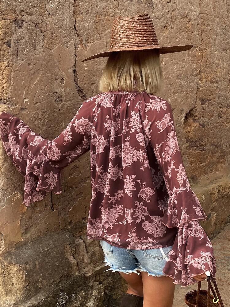 Women's Floral Print Loose Flare Sleeve Chiffon Casual Vacation Summer Top Blouse Boho