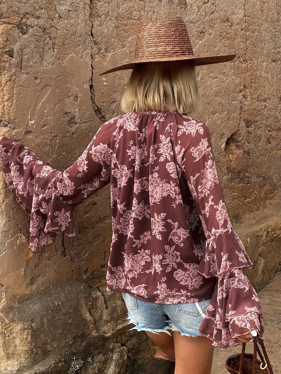 Women's Floral Print Loose Flare Sleeve Chiffon Casual Vacation Summer Top Blouse Boho