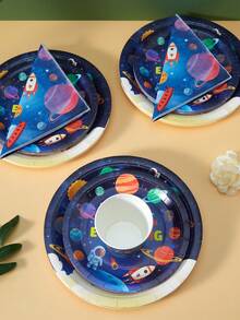 Space Rocket Astronaut Disposable Plates, Napkins, And Paper Cups, Astronaut-Themed Plates, Napkins, And Paper Cups For Party Supplies, Suitable For 25 Guests. Disposable Paper Plates And Party Tableware Suitable For Birthday Parties, Weddings, And Family Picnics - Multicolor - View 5