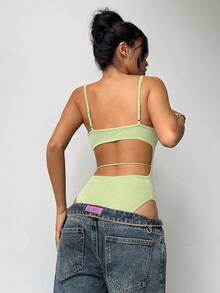Aloruh Women's Spring/Summer Vacation Solid Green Romper With Ruffled Hem, Criss-Cross Spaghetti Straps, Backless Sexy Bodysuit - Green - View 2