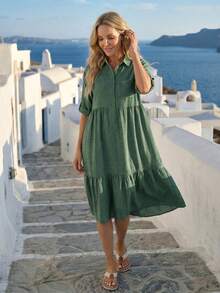 Faunlyn Damen Einfarbiges Midi-Hemdblusenkleid mit Knopfleiste und Manschetten-Ärmeln - Grün - Übersicht 3