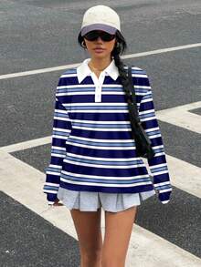 SHEIN EZwear Áo thun polo tay dài in họa tiết sọc đơn sắc phong cách retro cổ điển dành cho nữ, phù hợp cho mùa thu/đông, dạo phố, thể thao, Y2K - Màu xanh lam - Xem 5