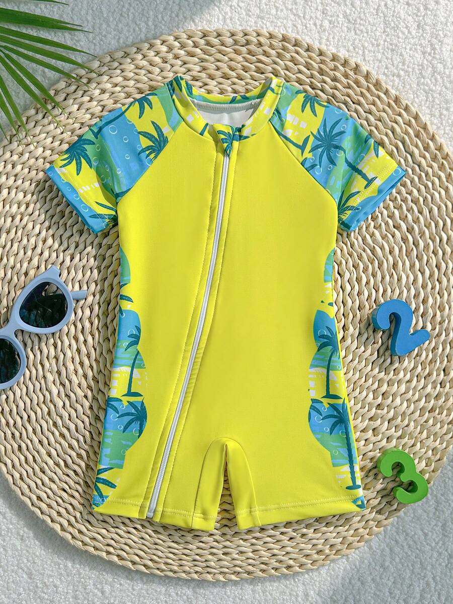 Newborn Zipper Swimsuit, Coconut Tree Print Short Sleeve Swimwear, Suitable For Beach, Vacation, Summer - Multicolor - View 1