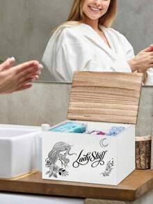 1个大容量双层木质收纳盒，带盖，多色可选，可拆卸隔板，现代女性餐巾纸收纳盒，适用于女性、女孩卧室、浴室台面，整理收纳盒 - 彩色 - 查看 3