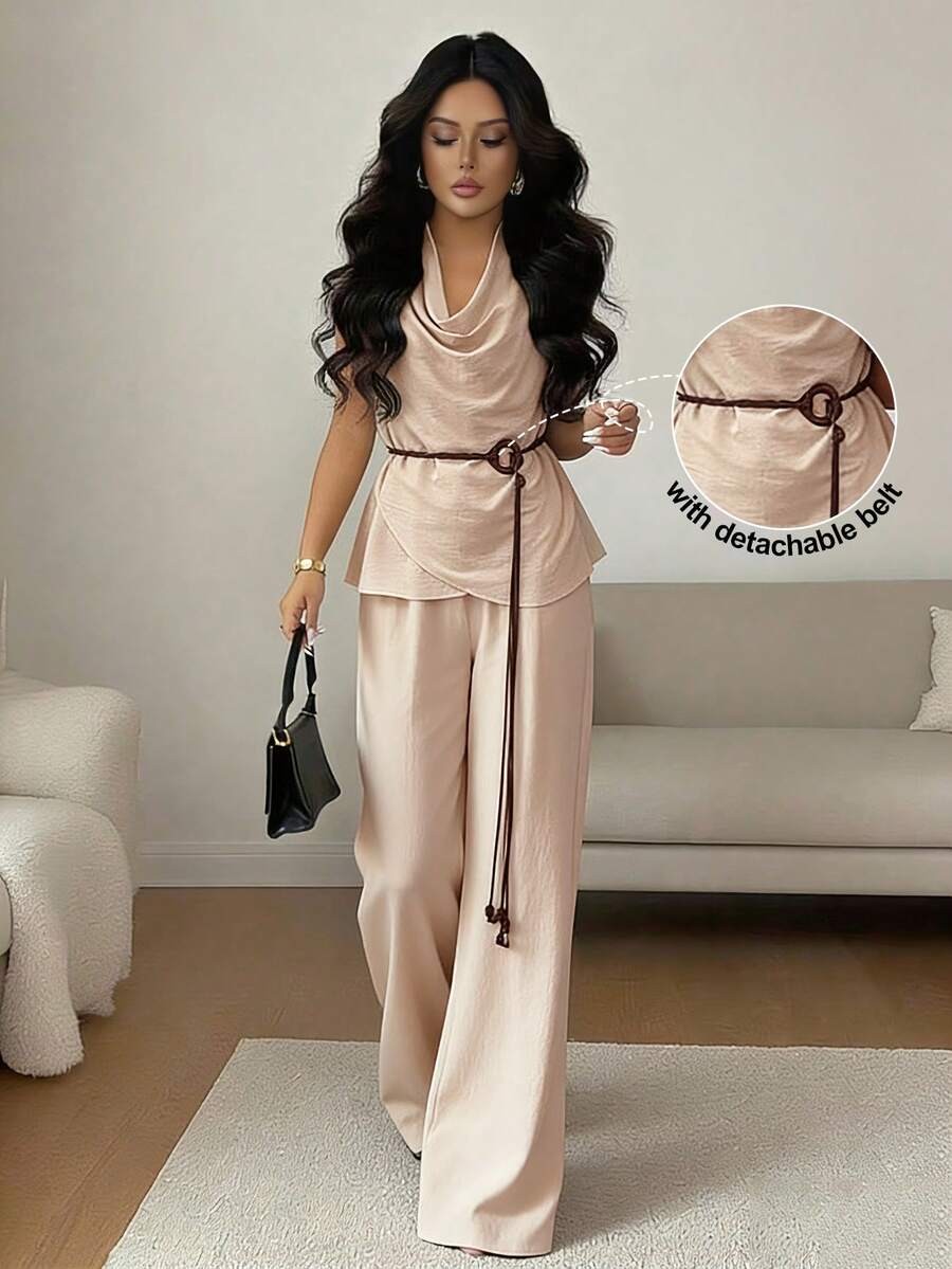 SHEIN Raffinéa Casual Khaki Two Piece Outfit For Women Cowl Neck Cap Sleeve Top And Wide Leg Pants With Belt - Khaki - View 1